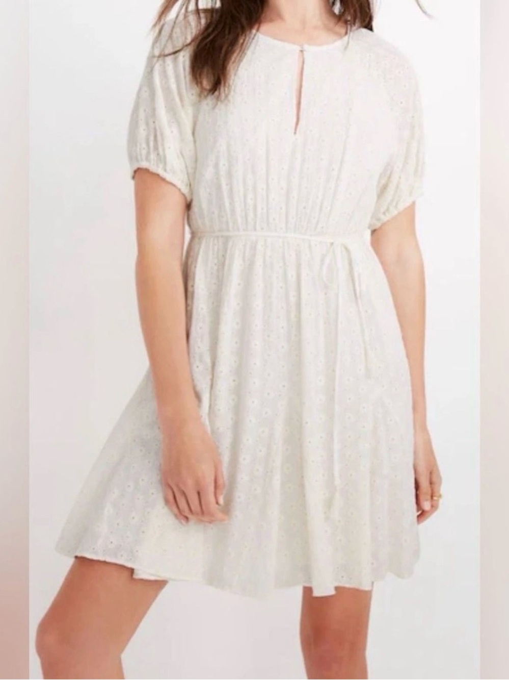 Cream White Eyelet Short-Sleeve Tie-Waist Dress